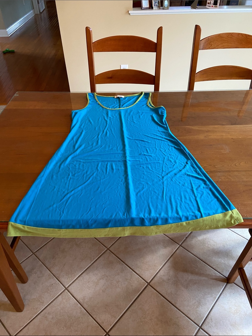 Turquoise Sleeveless A-Line Cover-Up Dress with Lime Trim. M